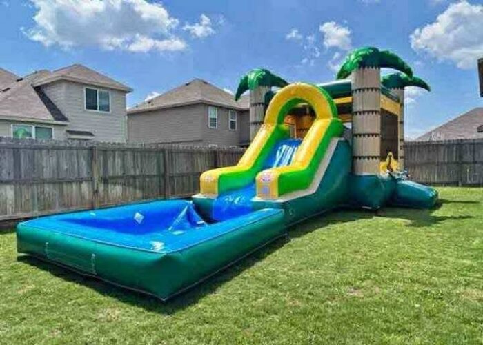 Tropical Splash Palm Combo – Bounce House with Waterslide & Large Pool
