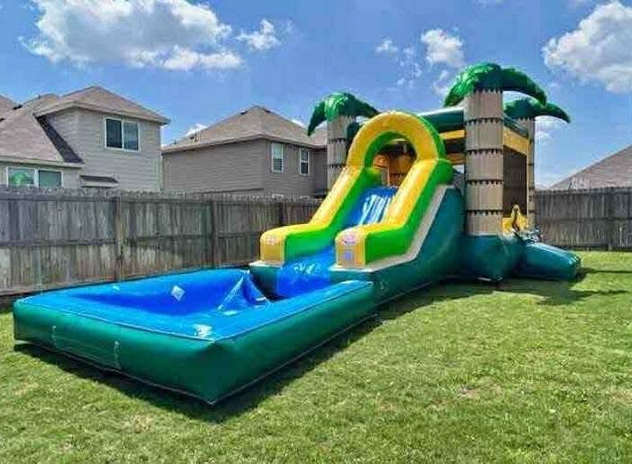 Tropical Splash Palm Combo – Bounce House with Waterslide & Large Pool